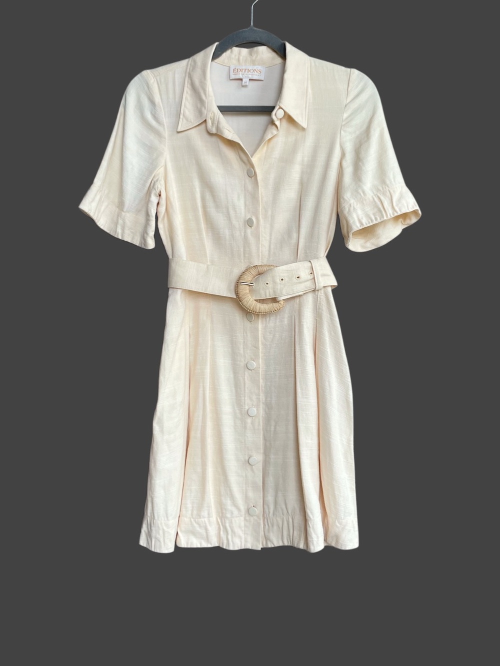 SEZANE Buttercream Ecru Linen Button Down Belted Mini Shirt Dress Gemma Dress - Picture 12 of 16